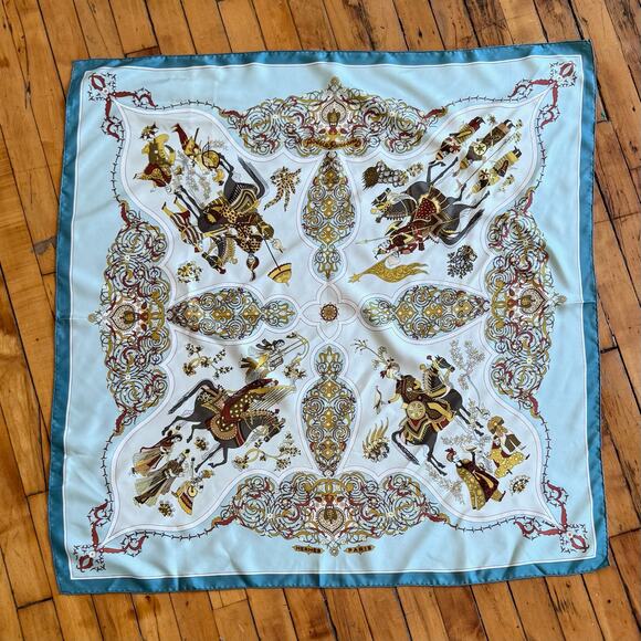 HERMÉS PARIS Poesie Persane 90cm Light Blue Persian Motif Silk Scarf - Picture 2 of 12